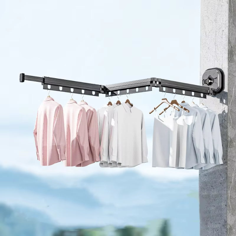 Wall Mounted Folding Clothes Drying Rack – 3-Fold Adjustable Hanger Rack with Suction Cup, Space-Saving Indoor/Outdoor Retractable Laundry Rack, No-Drill Installation
