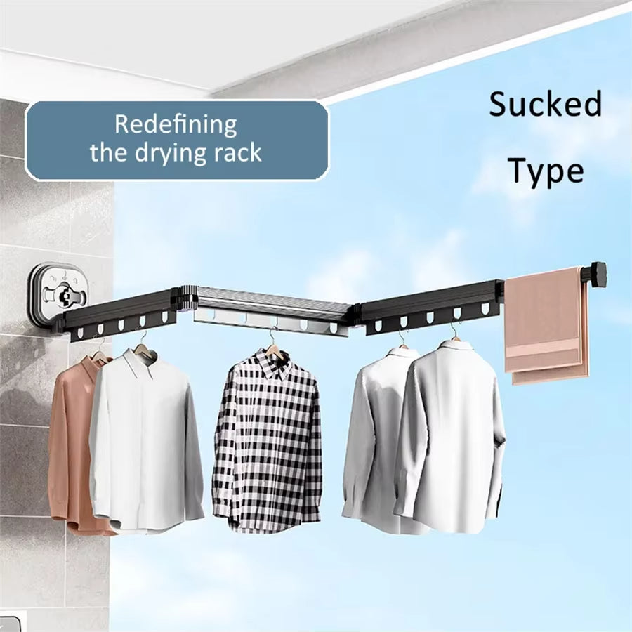 Wall Mounted Folding Clothes Drying Rack – 3-Fold Adjustable Hanger Rack with Suction Cup, Space-Saving Indoor/Outdoor Retractable Laundry Rack, No-Drill Installation