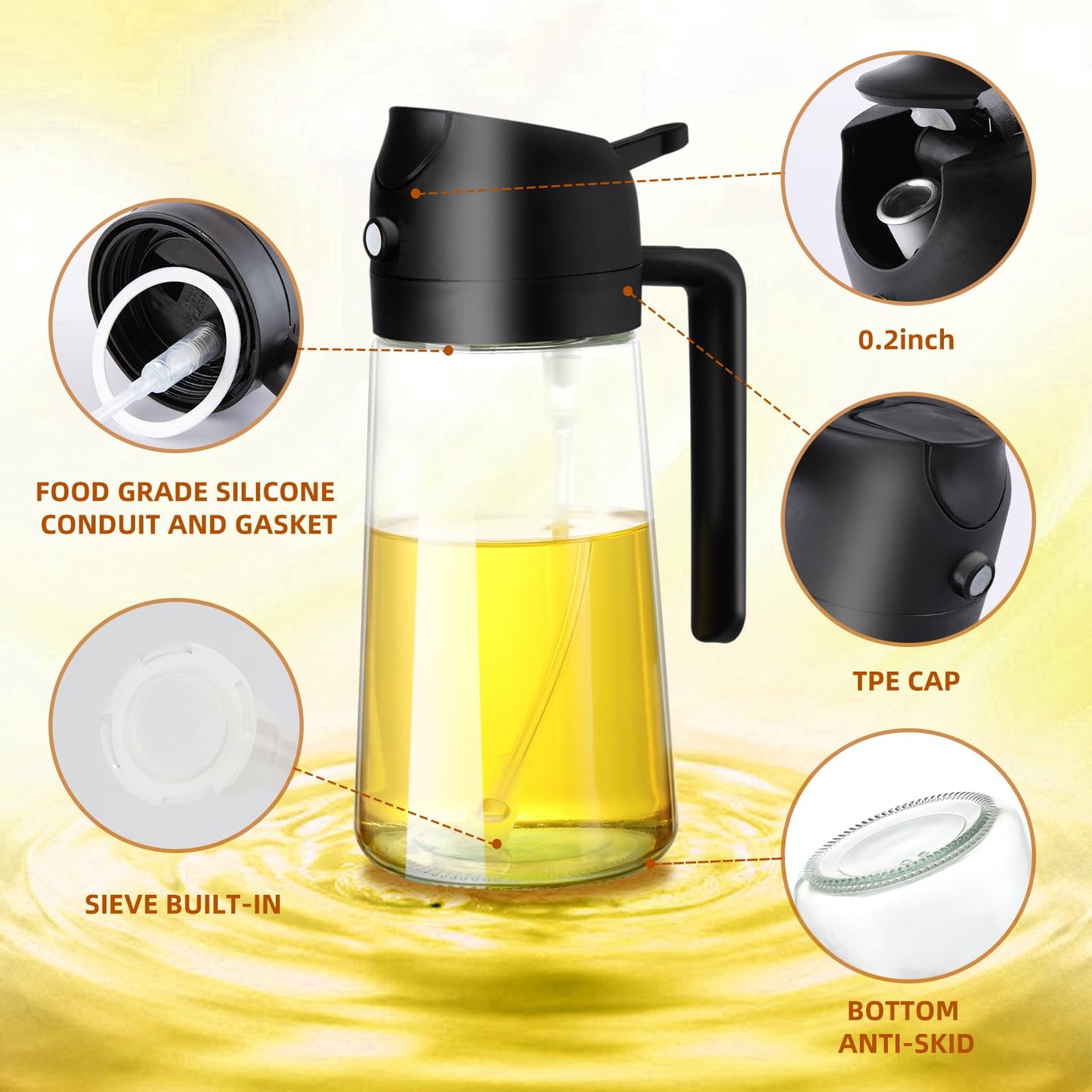 2-in-1 Oil Dispenser Bottle – Spray & Pour Oil Dispenser for Cooking, 16oz Gass Olive Oil Bottle with Halndle, Leak-Proof Kitchen Oil Container
