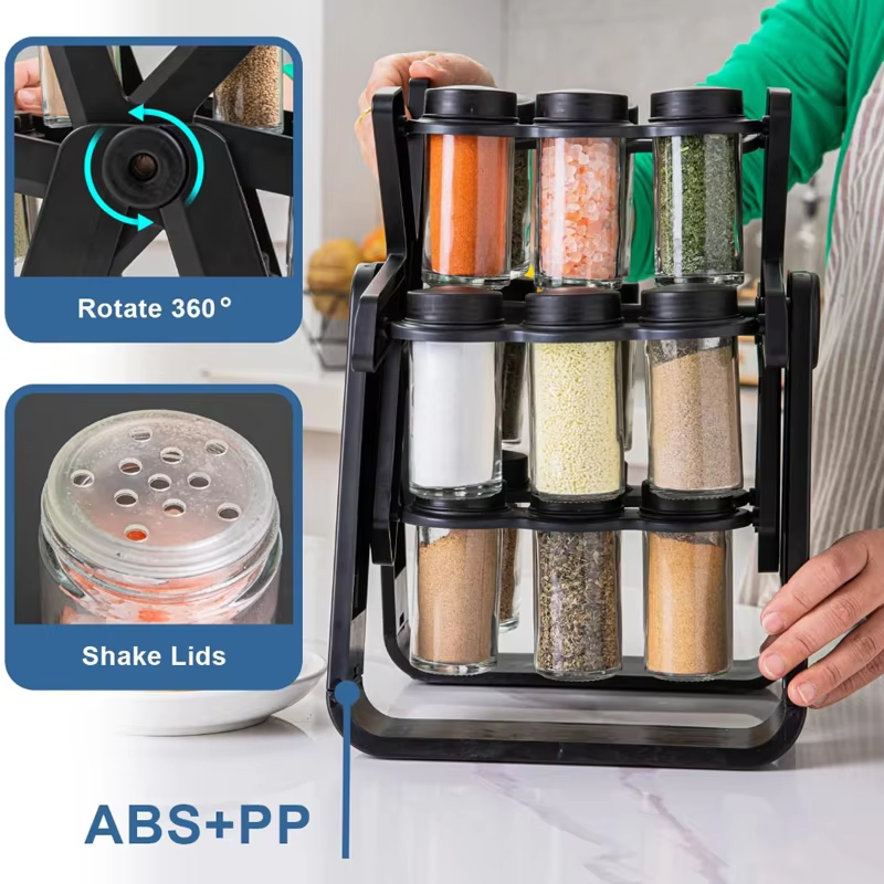 360° Rotating Spice Rack Carousel with 18 Glass Spice Jars – Ferris Wheel Style Kitchen Organizer