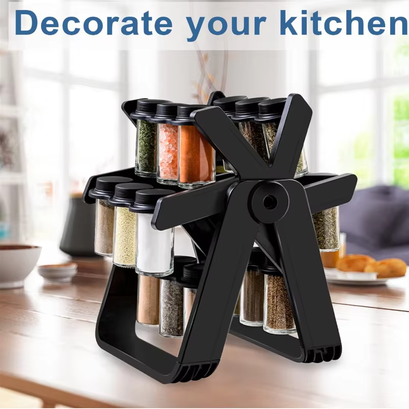 360° Rotating Spice Rack Carousel with 18 Glass Spice Jars – Ferris Wheel Style Kitchen Organizer