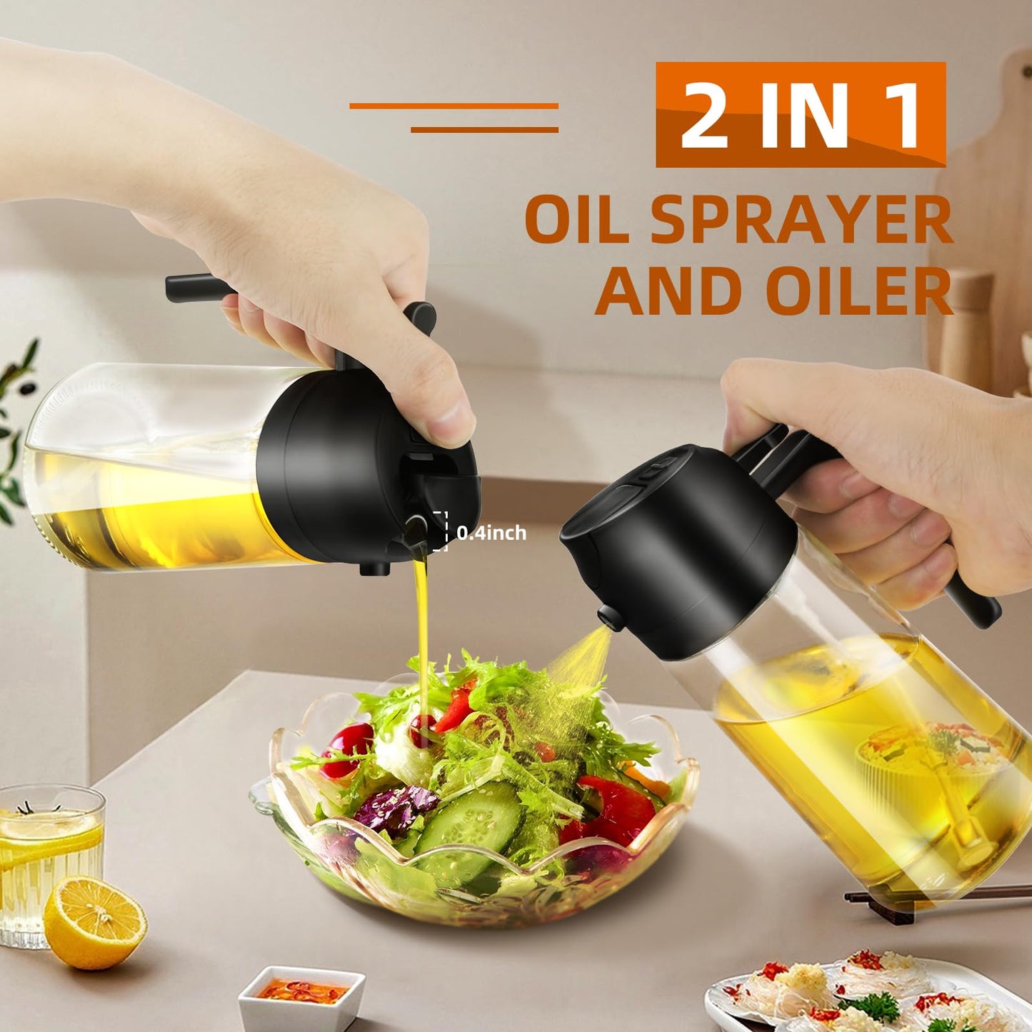 2-in-1 Oil Dispenser Bottle – Spray & Pour Oil Dispenser for Cooking, 16oz Gass Olive Oil Bottle with Halndle, Leak-Proof Kitchen Oil Container