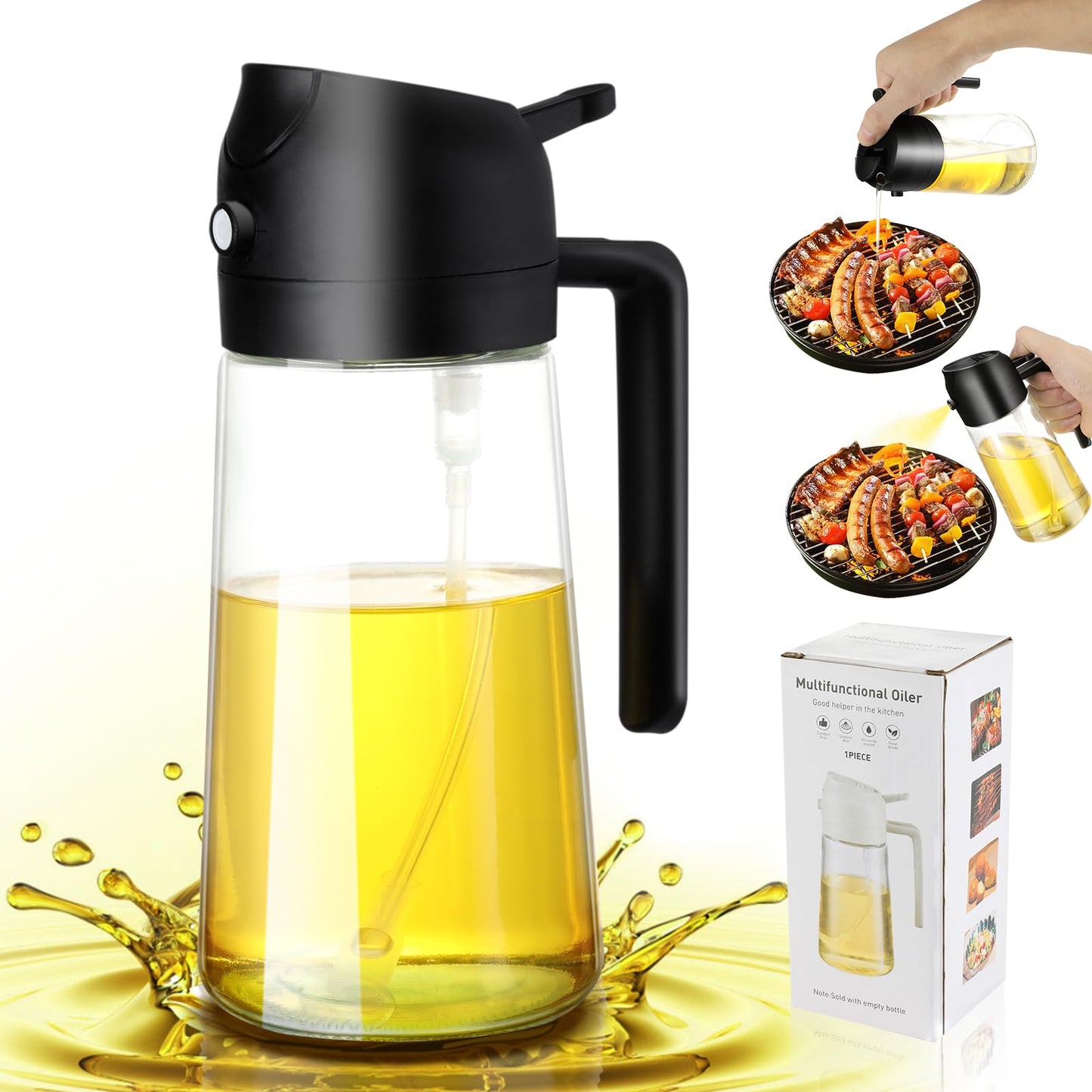 2-in-1 Oil Dispenser Bottle – Spray & Pour Oil Dispenser for Cooking, 16oz Gass Olive Oil Bottle with Halndle, Leak-Proof Kitchen Oil Container