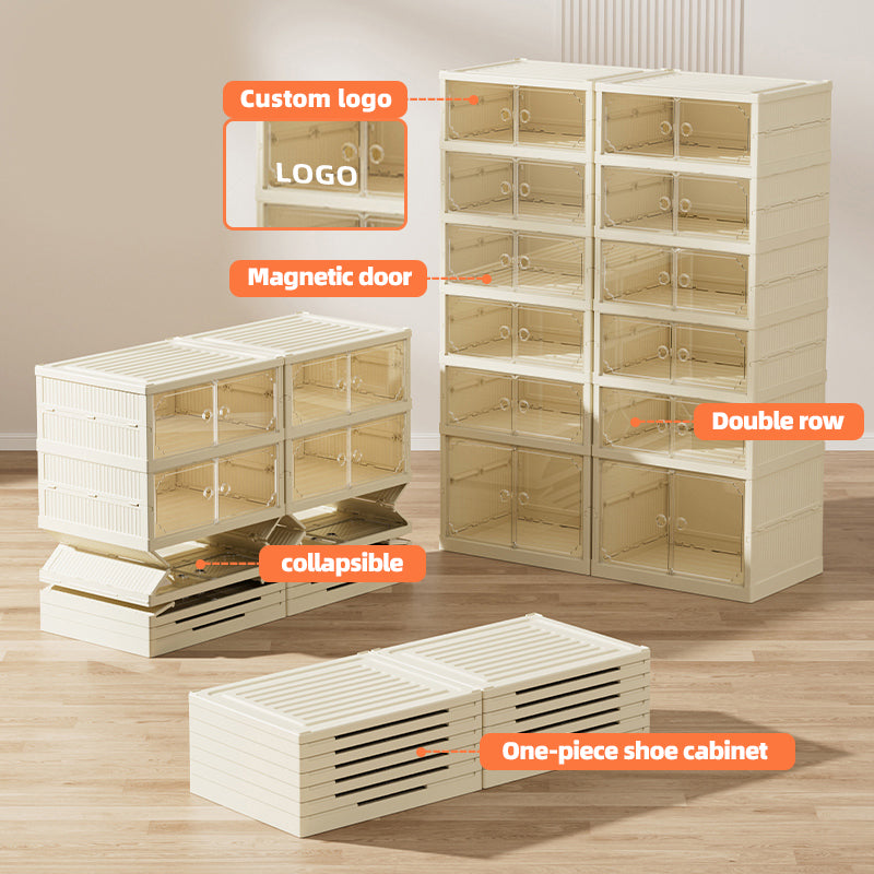 Stackable Foldable Shoe Storage Box with Transparent Magnetic Door – Space-Saving Shoe Organizer Cabinet for Sneakers, Heels & Boots